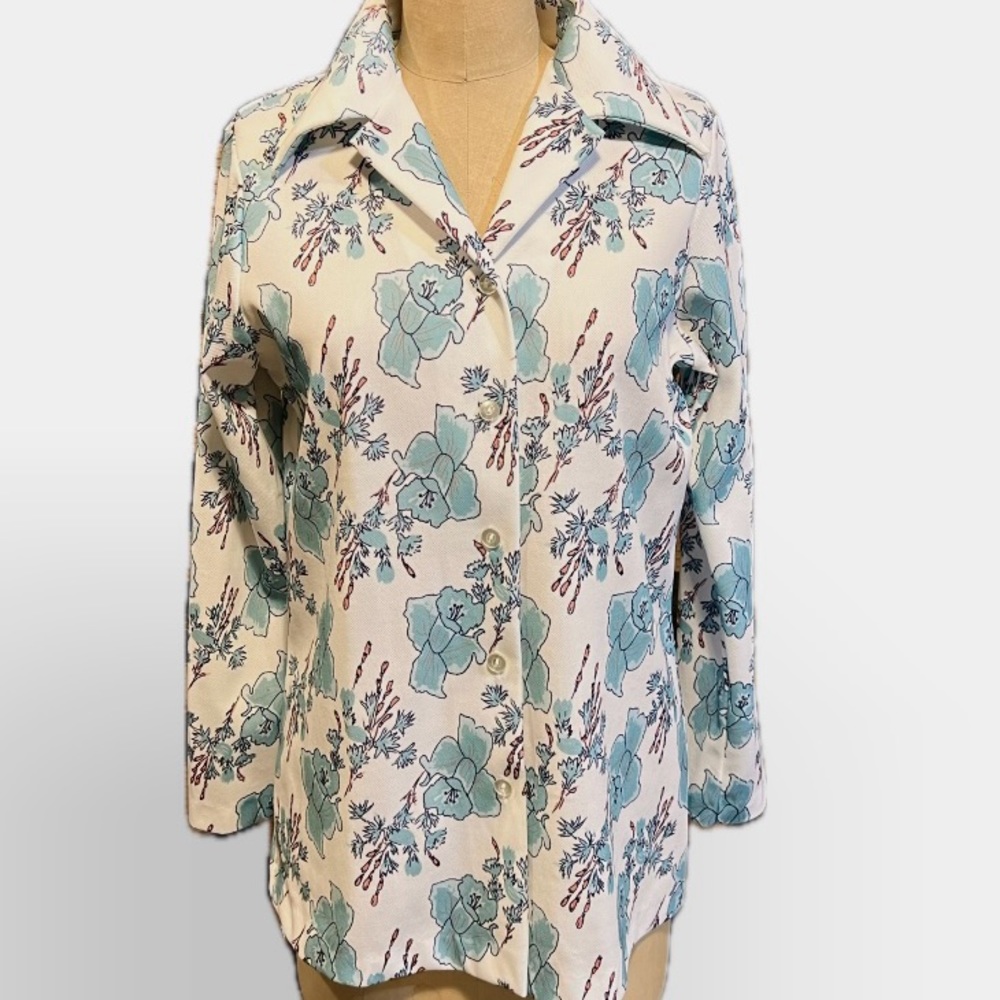VINTAGE 60s 70s Montgomery Ward disco dagger collar button front shirt floral